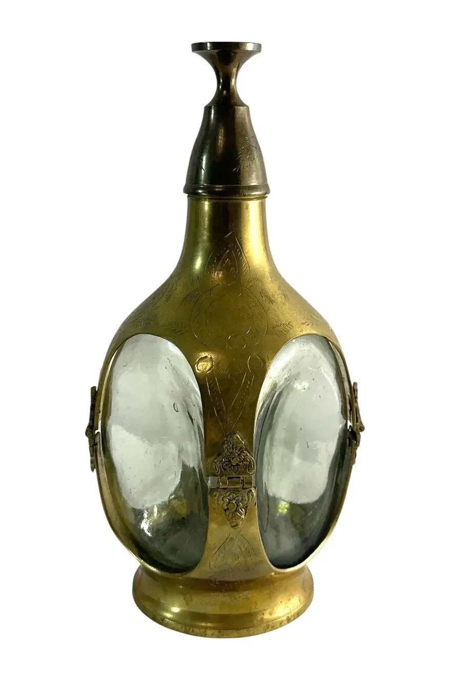 Vintage Indian Solid Brass & Glass Liquor Decanter Flask with Cup Stopper 10”